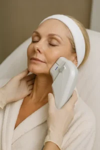 Woman receiving HIFU non surgical facelift treatment Oldham