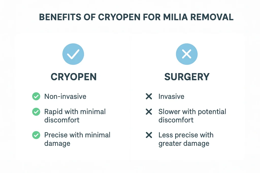 Benefits of cryopen for milia removal Oldham compared to surgical treatments.