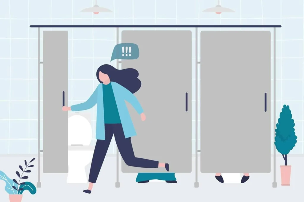 graphic of Urine incontinence Oldham woman running to the toilet.