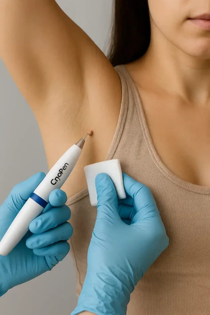 woman having cryopen to remove underarm skin tags Oldham