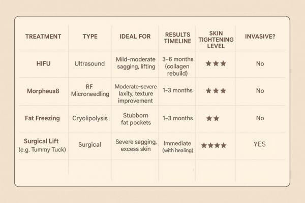 Table showing the comparisons of Skin tightening Oldham treatment options.